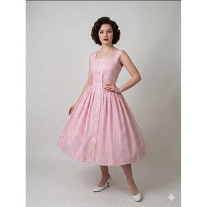 Vintage 1950s Kay Windsor Pink Striped Cotton Dress Fit & Flare Rockabilly 34/26